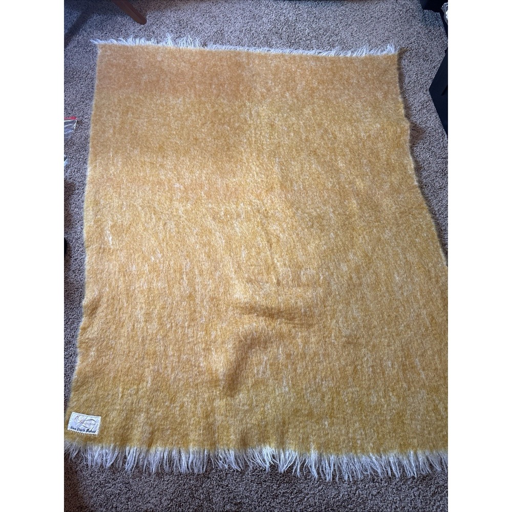 Onkaparinga Empress Mohair Wool Blanket Yellow Fringe Vintage Australia 52x62